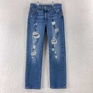 Levi's 501 Blue Denim Distressed Straight‎ Leg Jeans Womens Mid-Rise Size 25